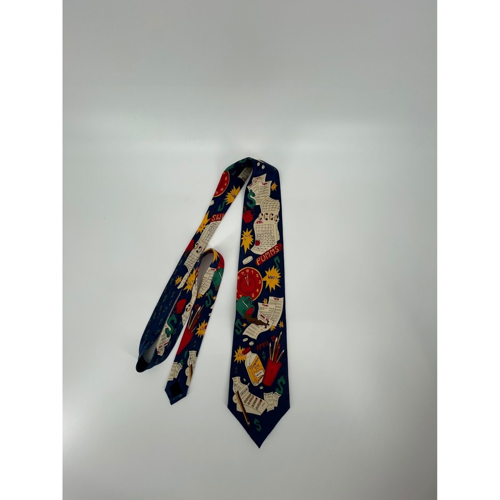 Ties in Disguise Mens Silk Necktie Navy Blue Tax Day Accountant Novelty Print